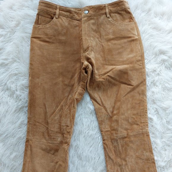 Fair Weather Women's Tan Genuine Suede Leather Wide Legs Boot Cut Pants Size: 10 - Picture 3 of 9
